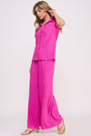 Jade By Jane Textured Short Sleeve Button Down Wide Legs Pants Set Pants Set Jade By Jane fuchsia S 