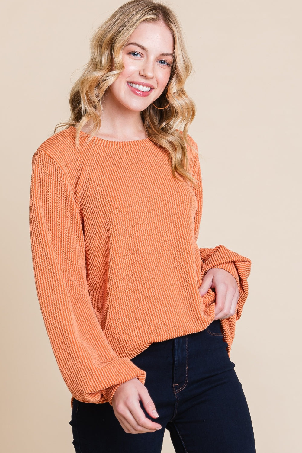 BOMBOM Long Sleeve Curved Hem Ribbed T-Shirt T-Shirt Trendsi Pumpkin S 