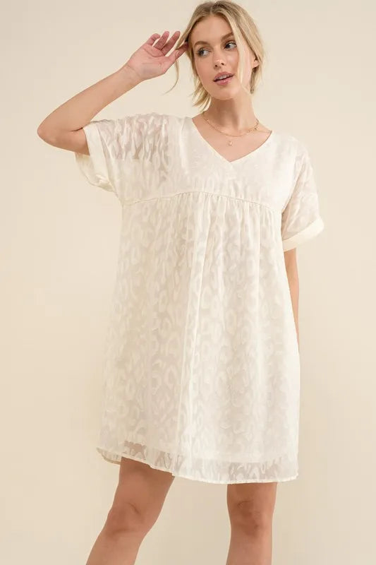 And The Why Woven Leopard Baby Doll Roll-Sleeve Casual Dress - NeoKira Unlimited