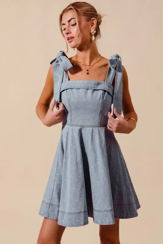 SO ME A Line Fit and Flare Diamond Bow Ribbon Denim Dres - NeoKira Unlimited