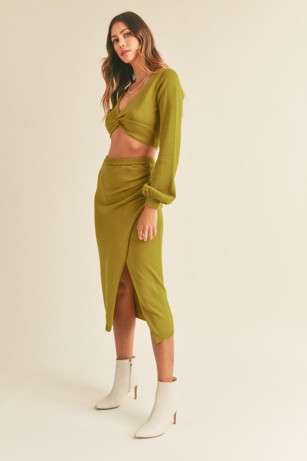MABLE Front Twisted Knit Top and Midi Skirt Set - NeoKira Unlimited