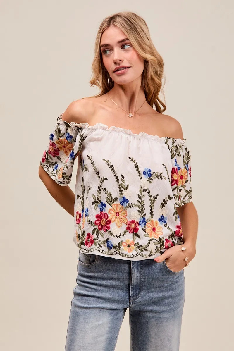 SO ME Floral Embroidered Off Shoulder Blouse With Ruffle Detail – Boho Chic - NeoKira Unlimited