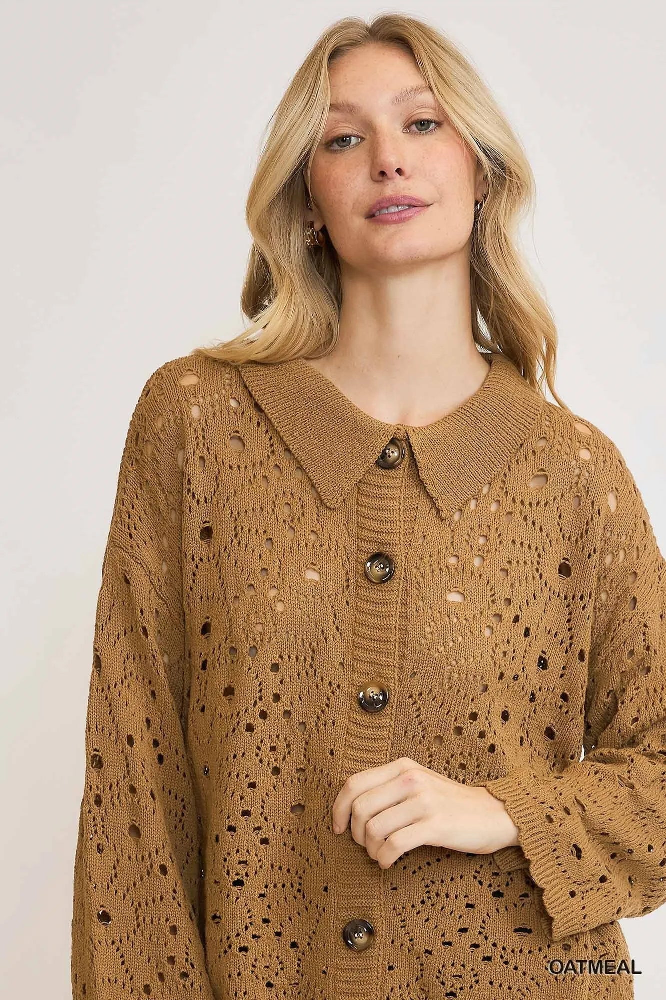 Umgee Crochet Button Down Knit Cardigan – Oatmeal Openwork Layering Piece - NeoKira Unlimited