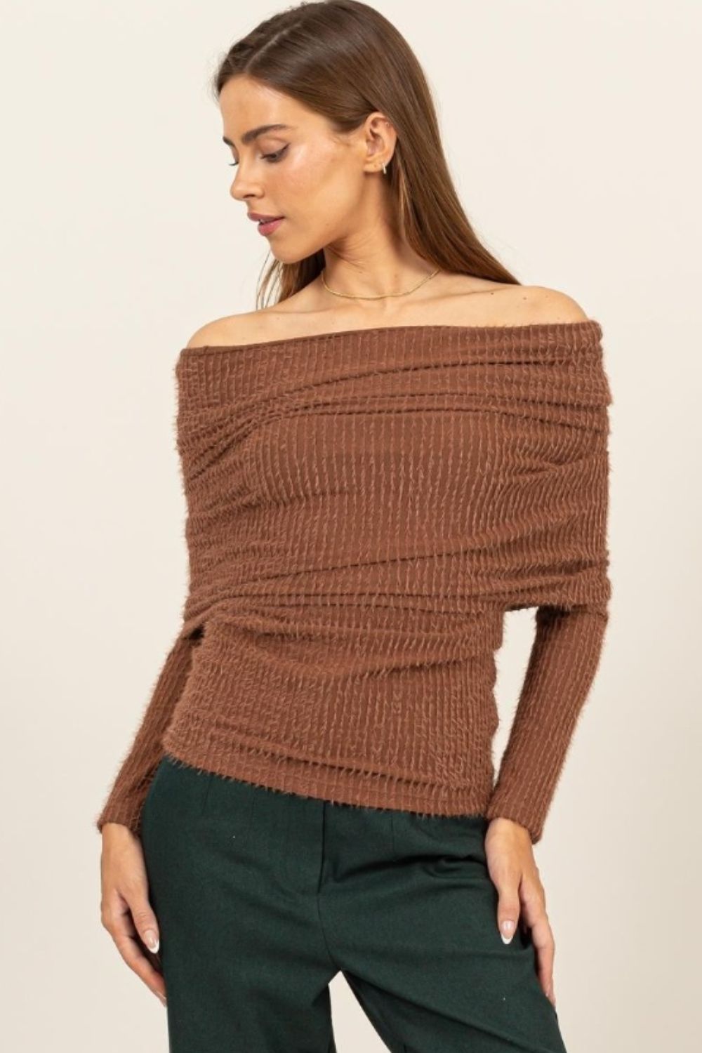 HYFVE Fuzzy Off Shoulder Textured Knit Top Top Trendsi Brown S 