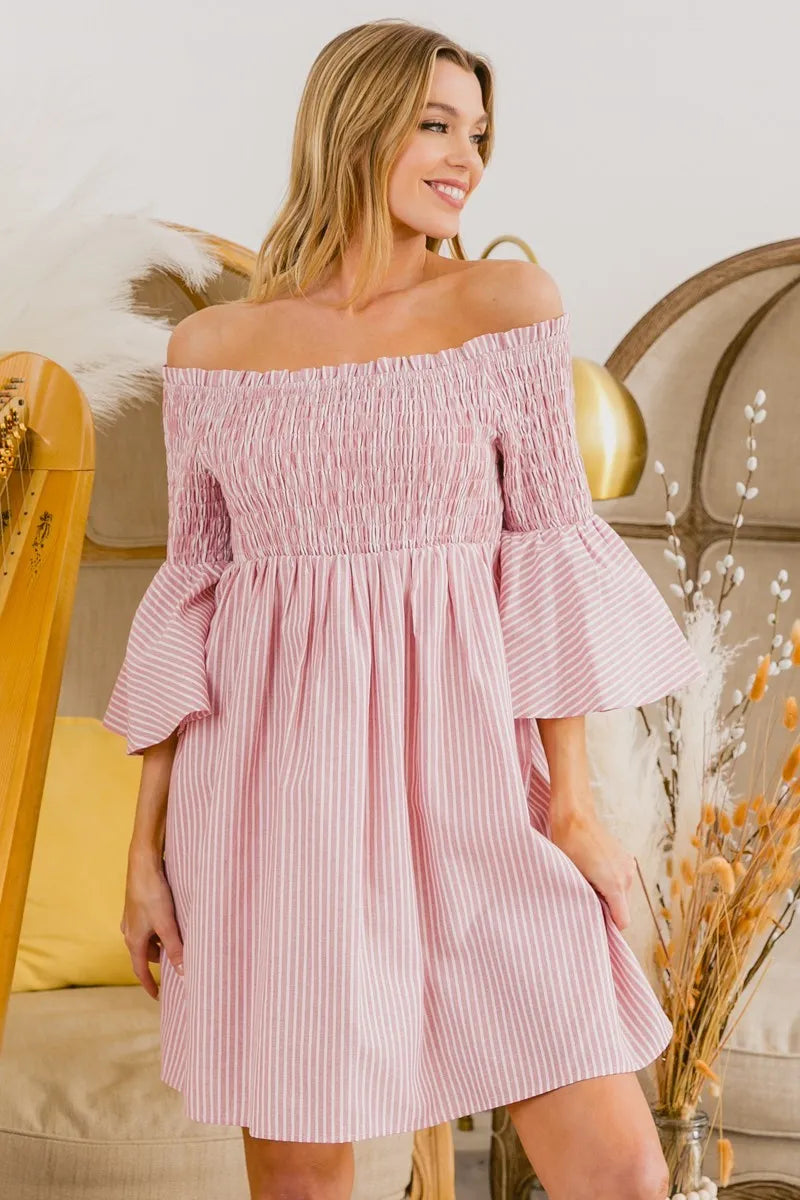 BiBi Smocked Off Shoulder Striped Dress - NeoKira Unlimited