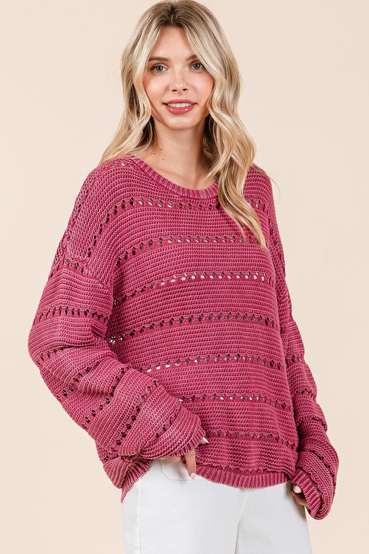 Mittoshop Openwork Round Neck Drop Shoulder Sweater - NeoKira Unlimited