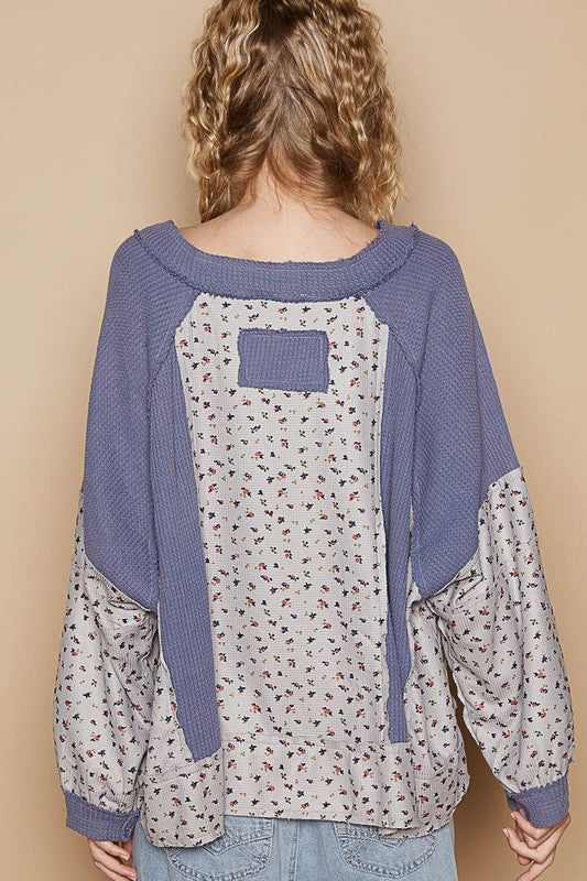 POL Waffle Knit Floral Notched Long Sleeve Top - NeoKira Unlimited