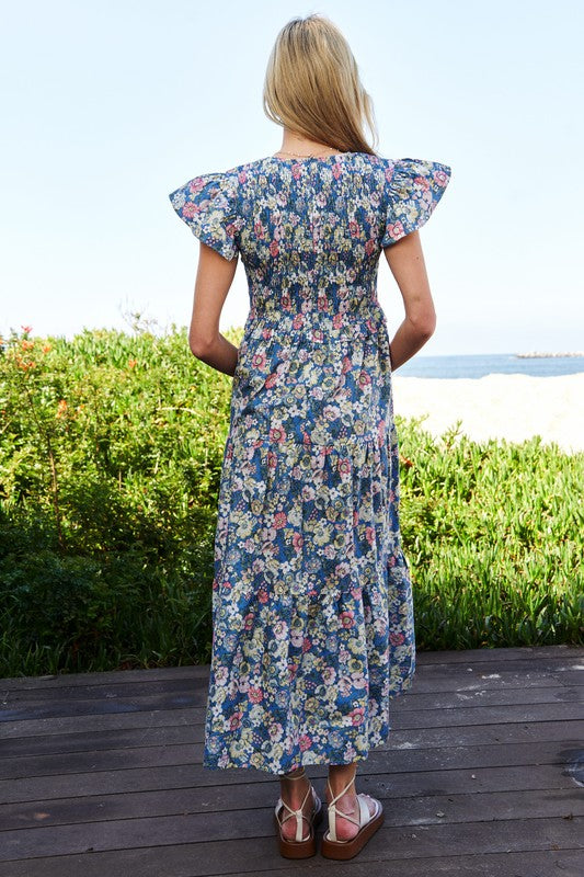 Vintage Garden Floral Flutter Smocking Midi Dress  Davi & Dani   