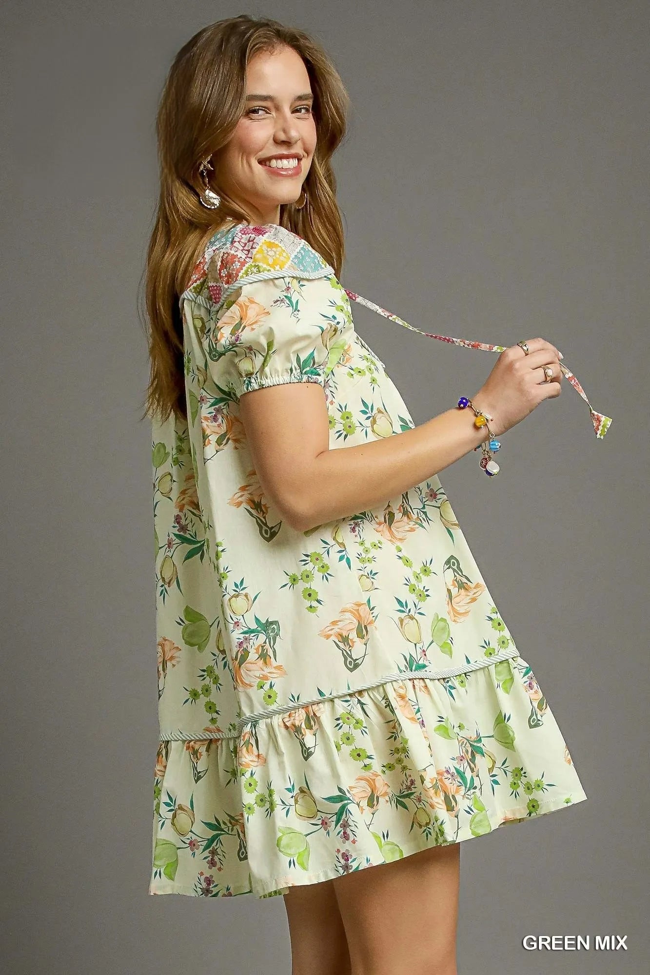 Umgee Floral Puff Sleeve Dress Tie Neck Smocked Waist - NeoKira Unlimited