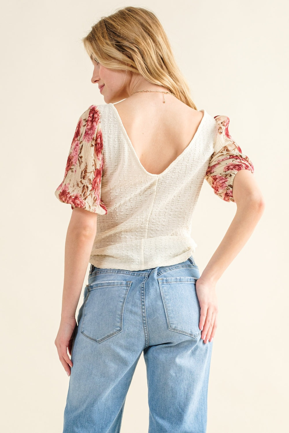 And The Why Full Size Floral Print Textured Sleeve Knit Top - NeoKira Unlimited