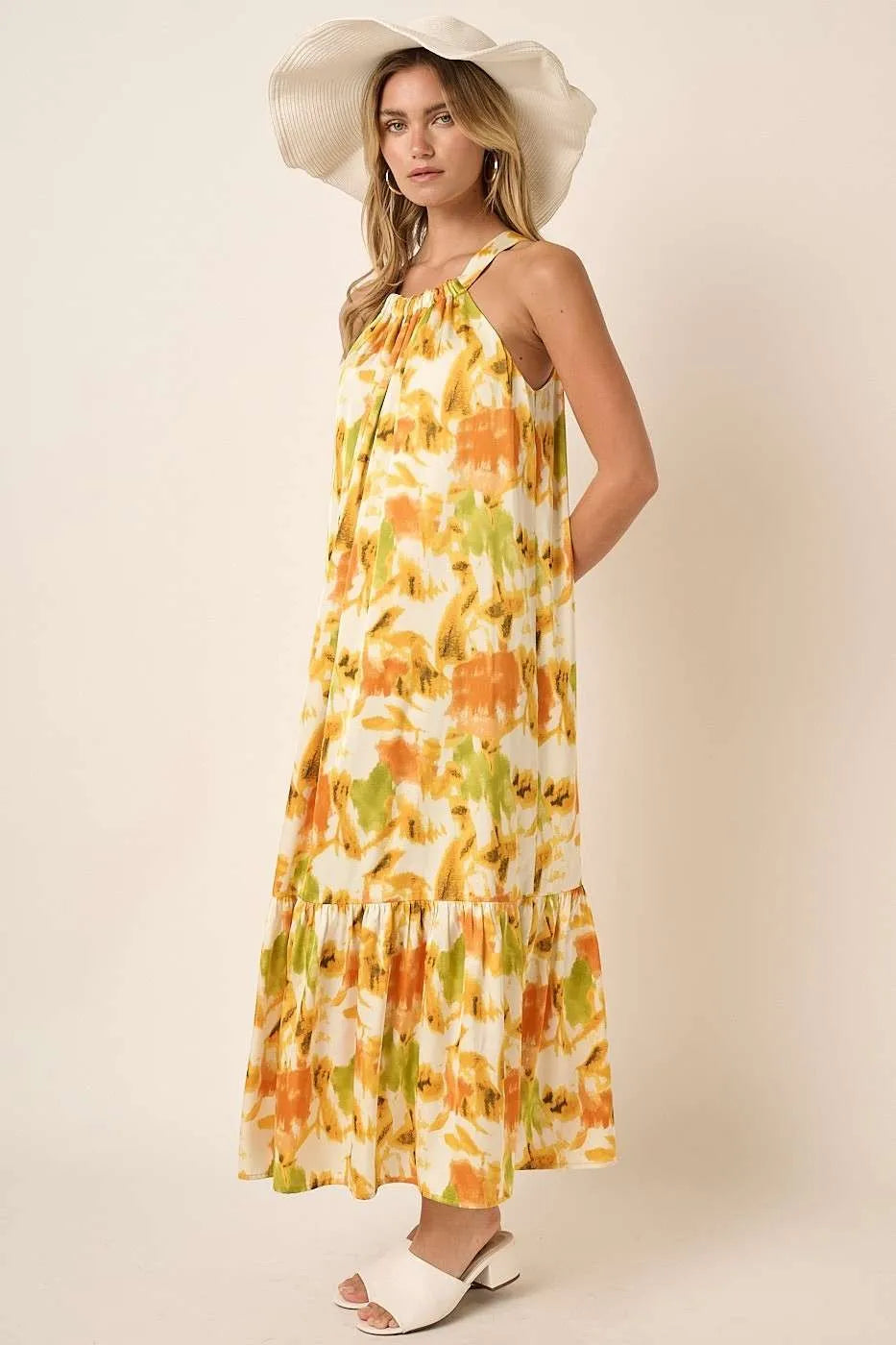 Mittoshop Watercolor Print Halter Neck Satin Maxi Dress - NeoKira Unlimited