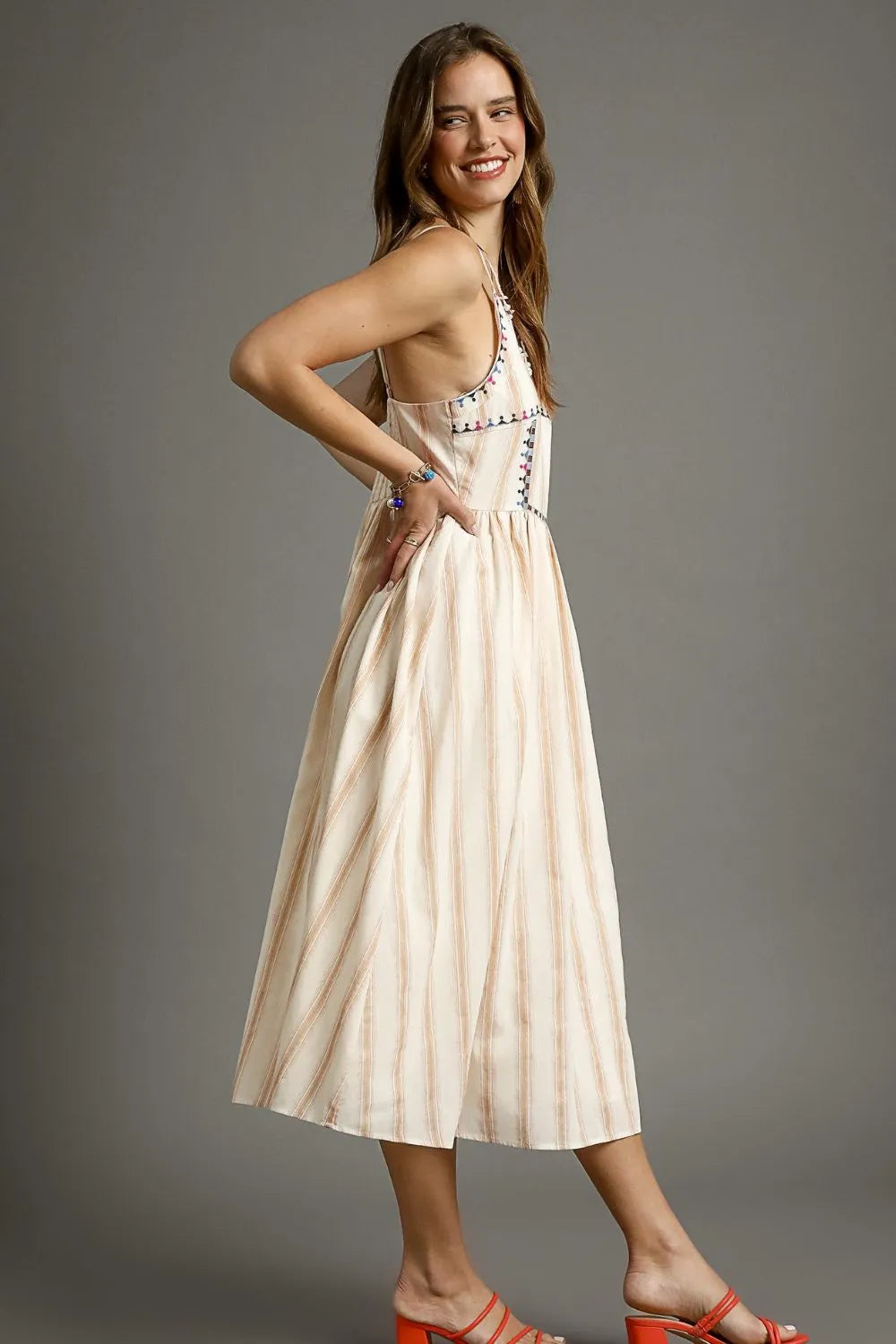 Umgee Striped Beige Midi Dress with Colorful Embroidered Trim Cami Style - NeoKira Unlimited