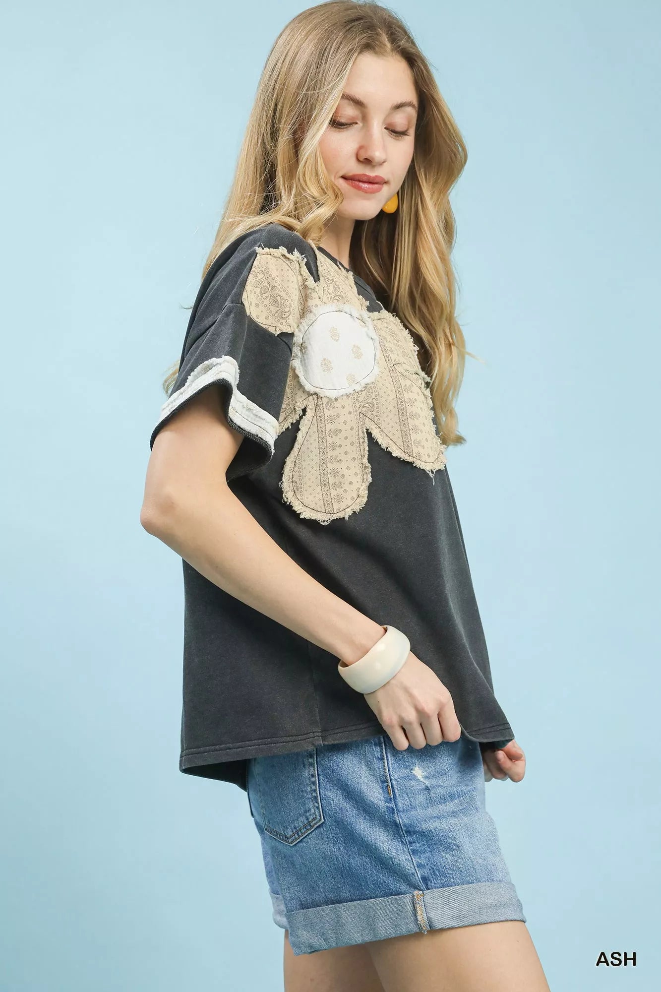 Umgee French Terry Top with Flower Patch Casual Chic - NeoKira Unlimited