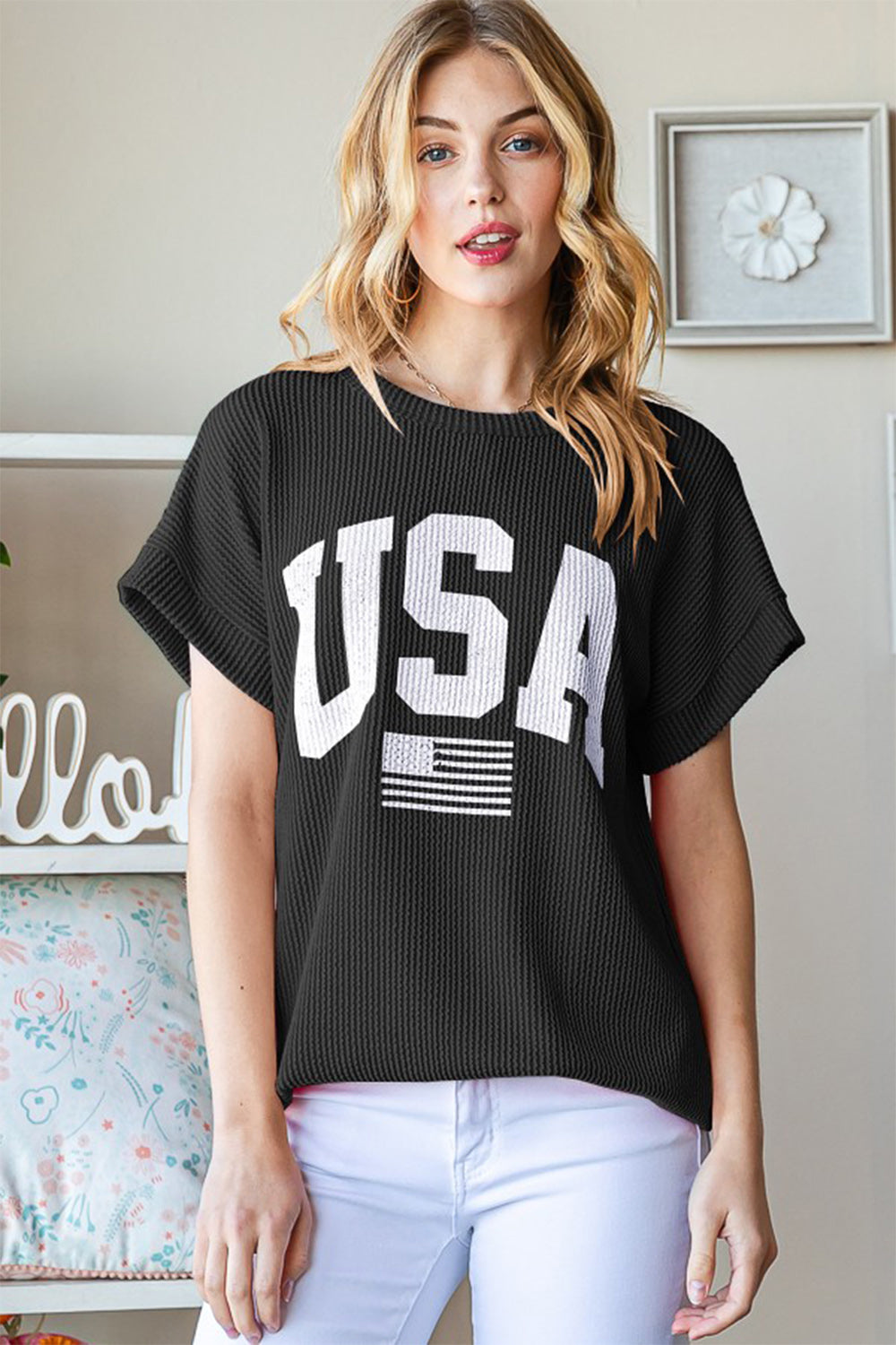 Heimish Full Size USA Graphic Short Sleeve Ribbed Top - NeoKira Unlimited
