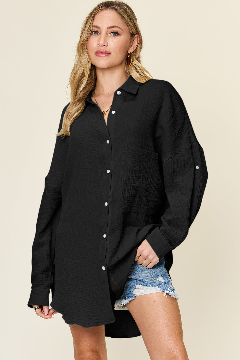Double Take Full Size Pocketed Texture Button Up Shirt - NeoKira Unlimited