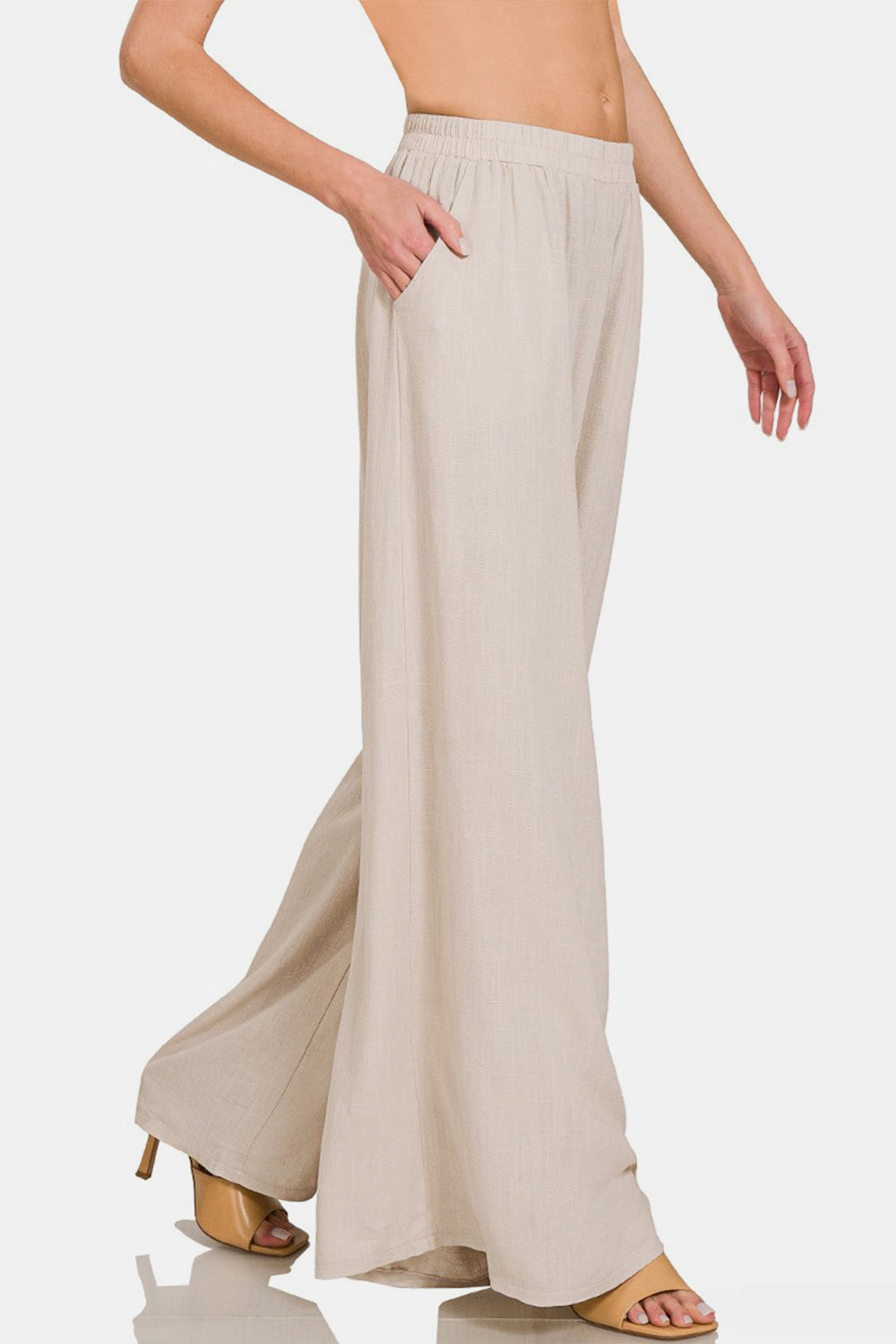 Zenana Pleated Linen Blend Wide Leg Pants Pants Trendsi   