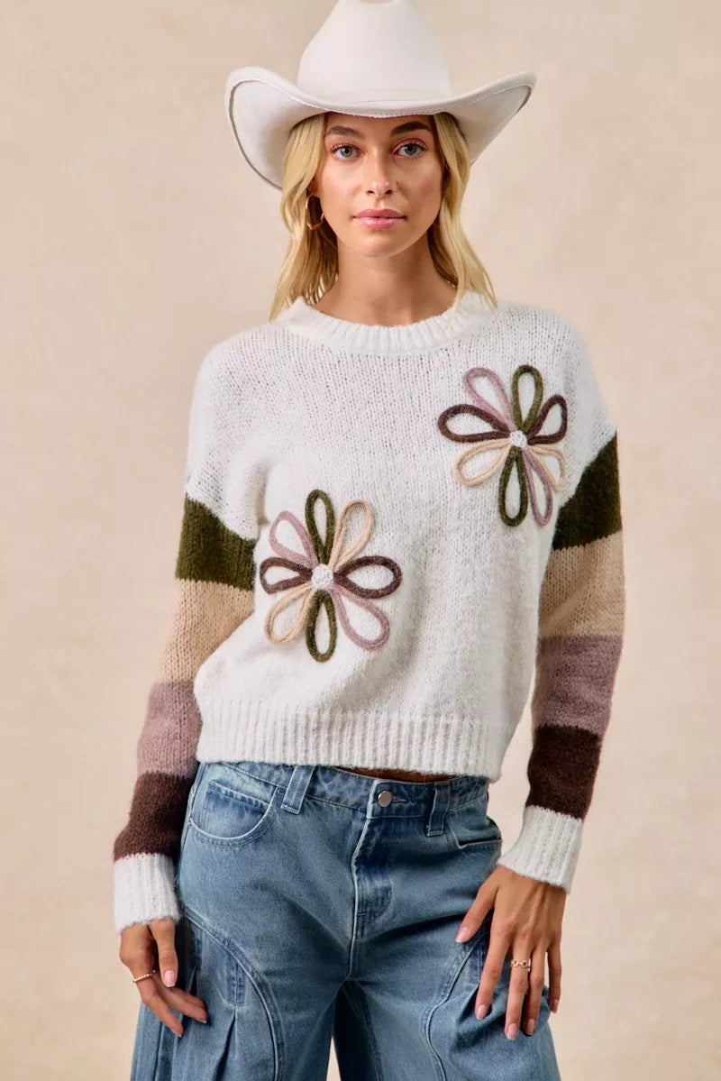 BiBi Flower Color Block Sweater Retro Y2K Cozy Streetwear Style - NeoKira Unlimited