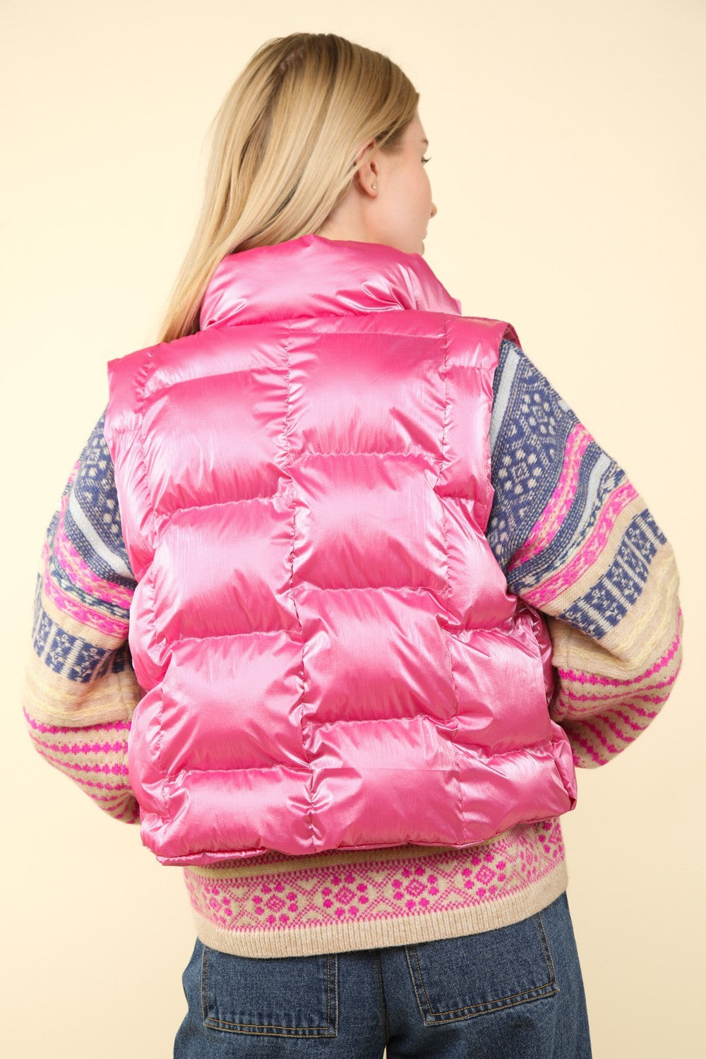 VERY J Shiny Metallic Zip Up Puffer Vest - NeoKira Unlimited