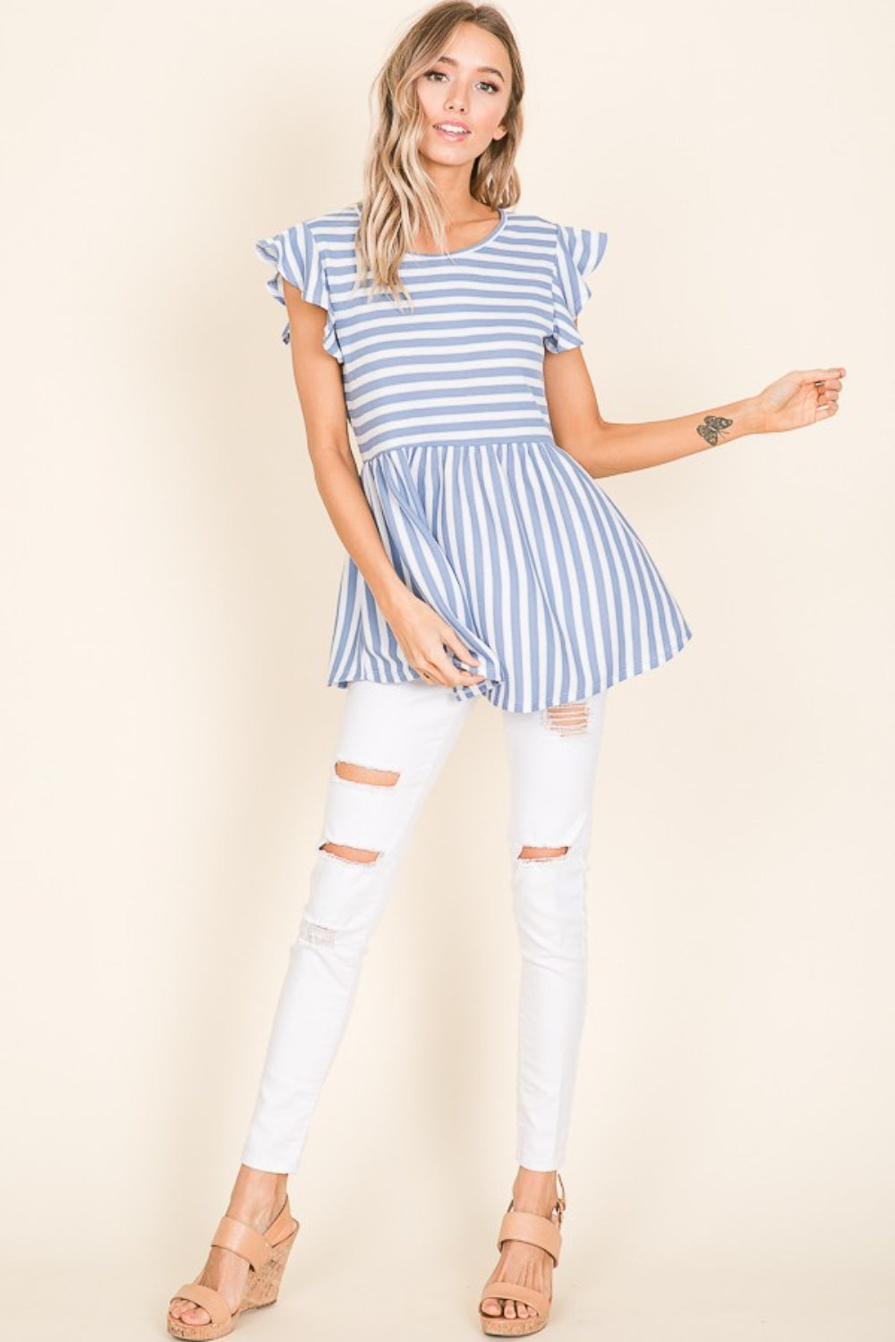 BOMBOM Striped Round Neck Blouse - NeoKira Unlimited