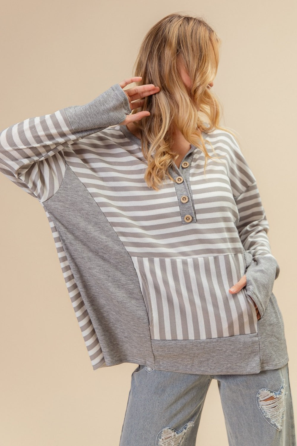 BiBi Striped Thumbhole Long Sleeve Top Top Trendsi   