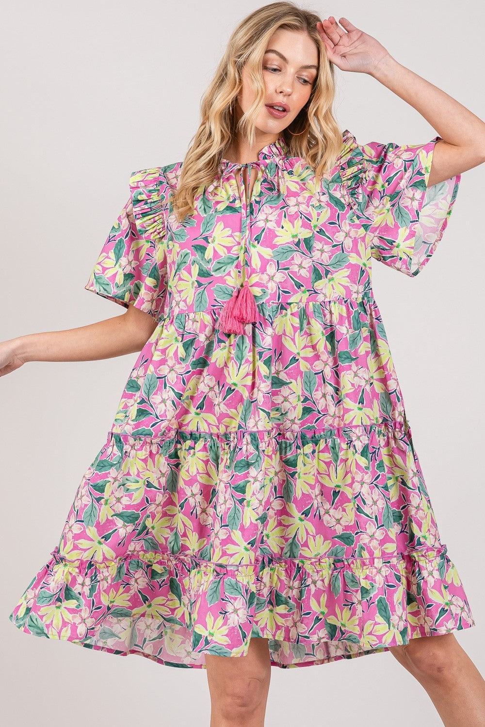 SAGE + FIG Floral Ruffle Short Sleeve Dress Mini Dress Trendsi Pink S 