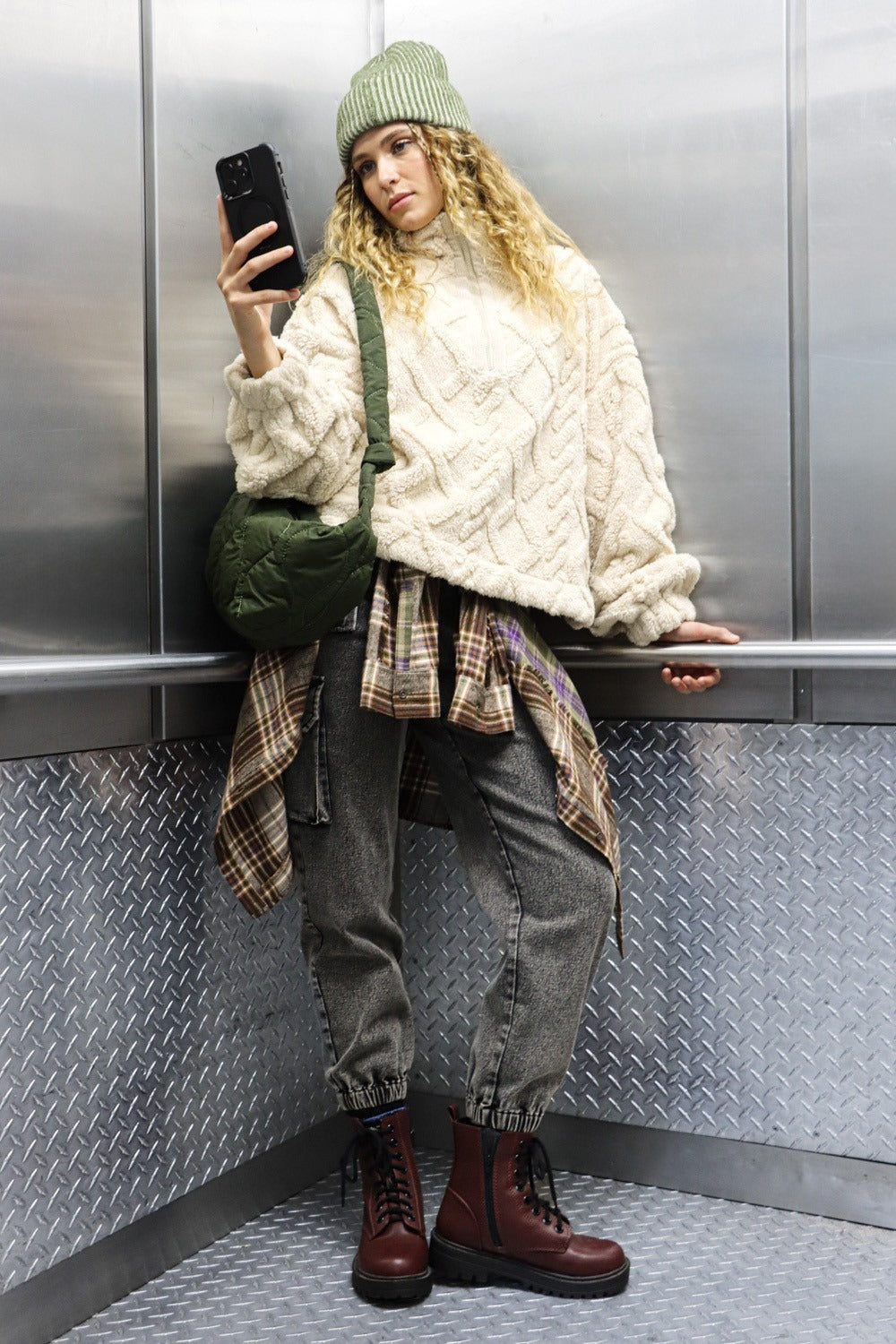 VERY J Fuzzy Fleece Half Zip Cable Pattern Sweatshirt - NeoKira Unlimited