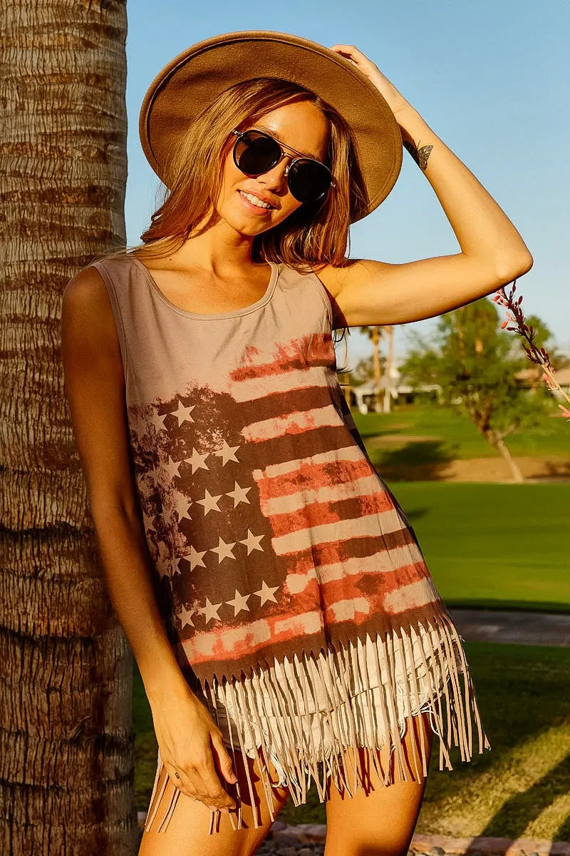 BiBi Distressed Flag Fringe Tank Top – Boho Americana Vibes - NeoKira Unlimited