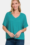 Zenana Drop Shoulder Short Sleeve Jacquard Knit Top Top Trendsi Lt Teal S/M 