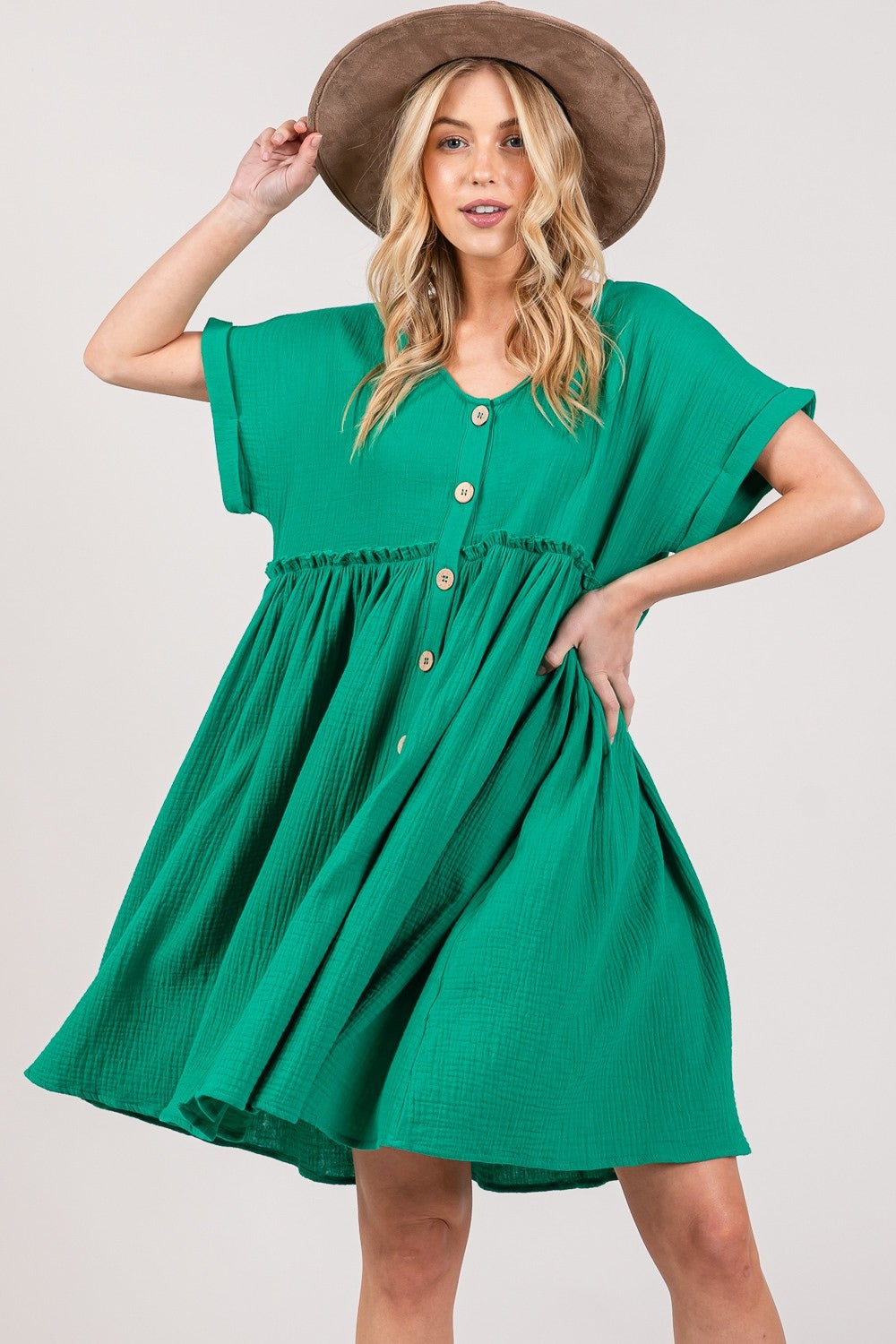 SAGE + FIG Full Size Button Up Short Sleeve Dress Mini Dress Trendsi   