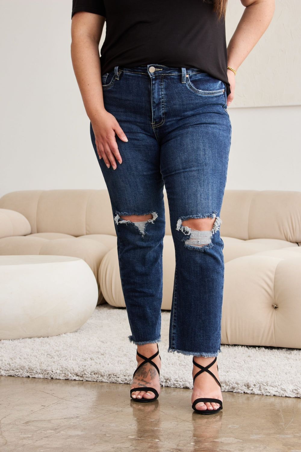 RFM Full Size Tummy Control Distressed High Waist Raw Hem Jeans - NeoKira Unlimited