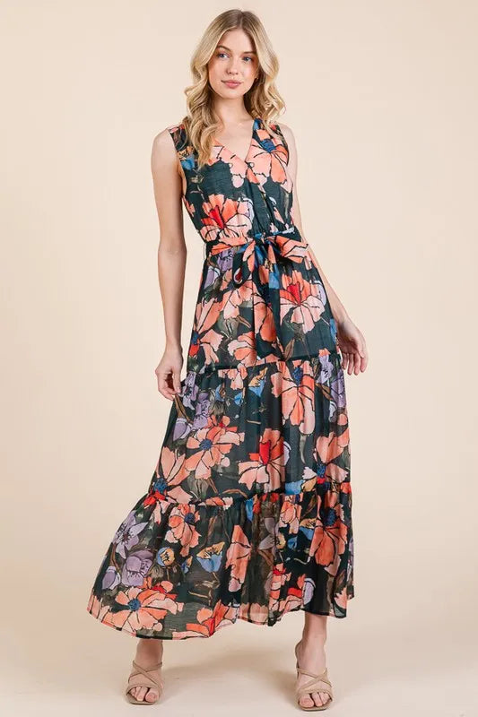 Lime 'N' Chili Floral Print Sleeveless Tie Waist Maxi Dress Feminine Flowing - NeoKira Unlimited