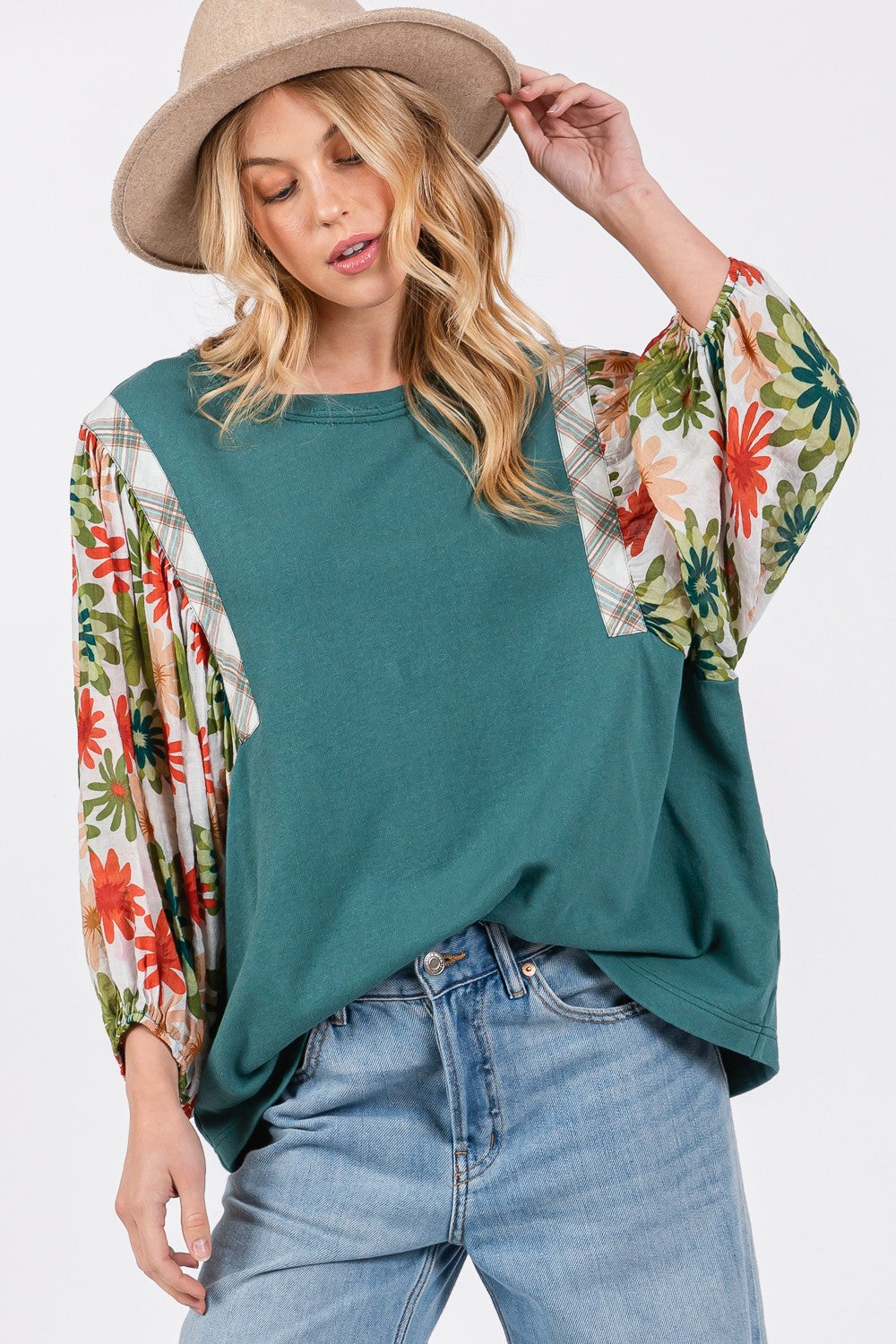 SAGE + FIG Full Size Printed Balloon Sleeve Contrast Top Top Trendsi Teal S 