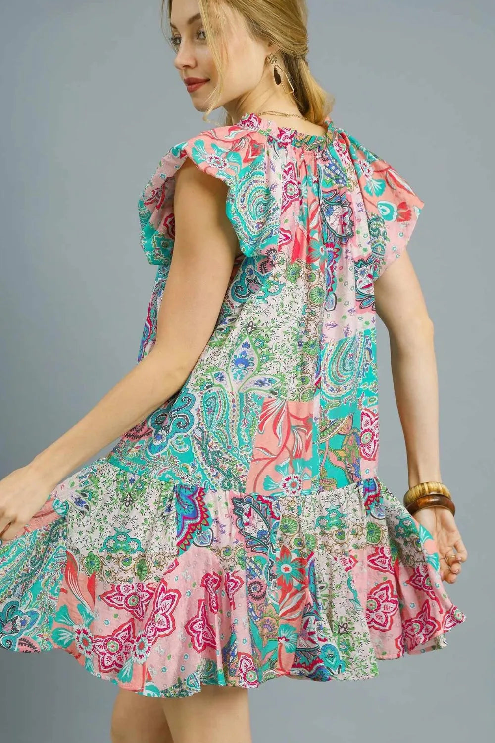 Umgee Boho Paisley Print Mini Dress – Turquoise Pink Floral Charm - NeoKira Unlimited