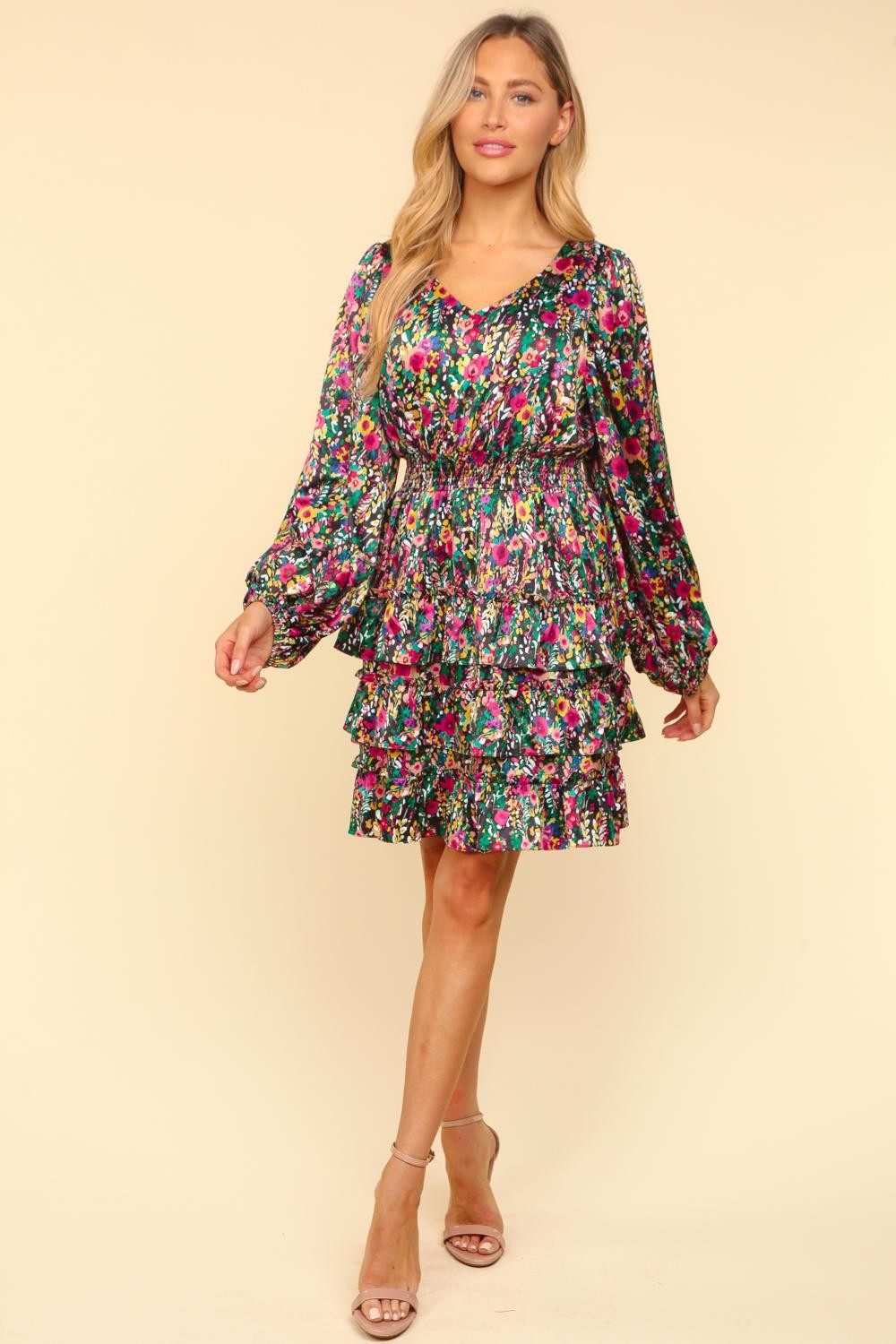 Haptics V-Neck Satin Floral Layered Dress - NeoKira Unlimited