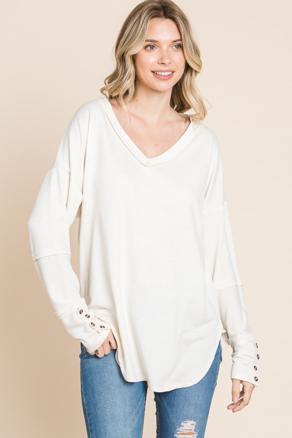 Culture Code Full Size V-Neck Dropped Shoulder Blouse Top Trendsi ECRUCREAM S 