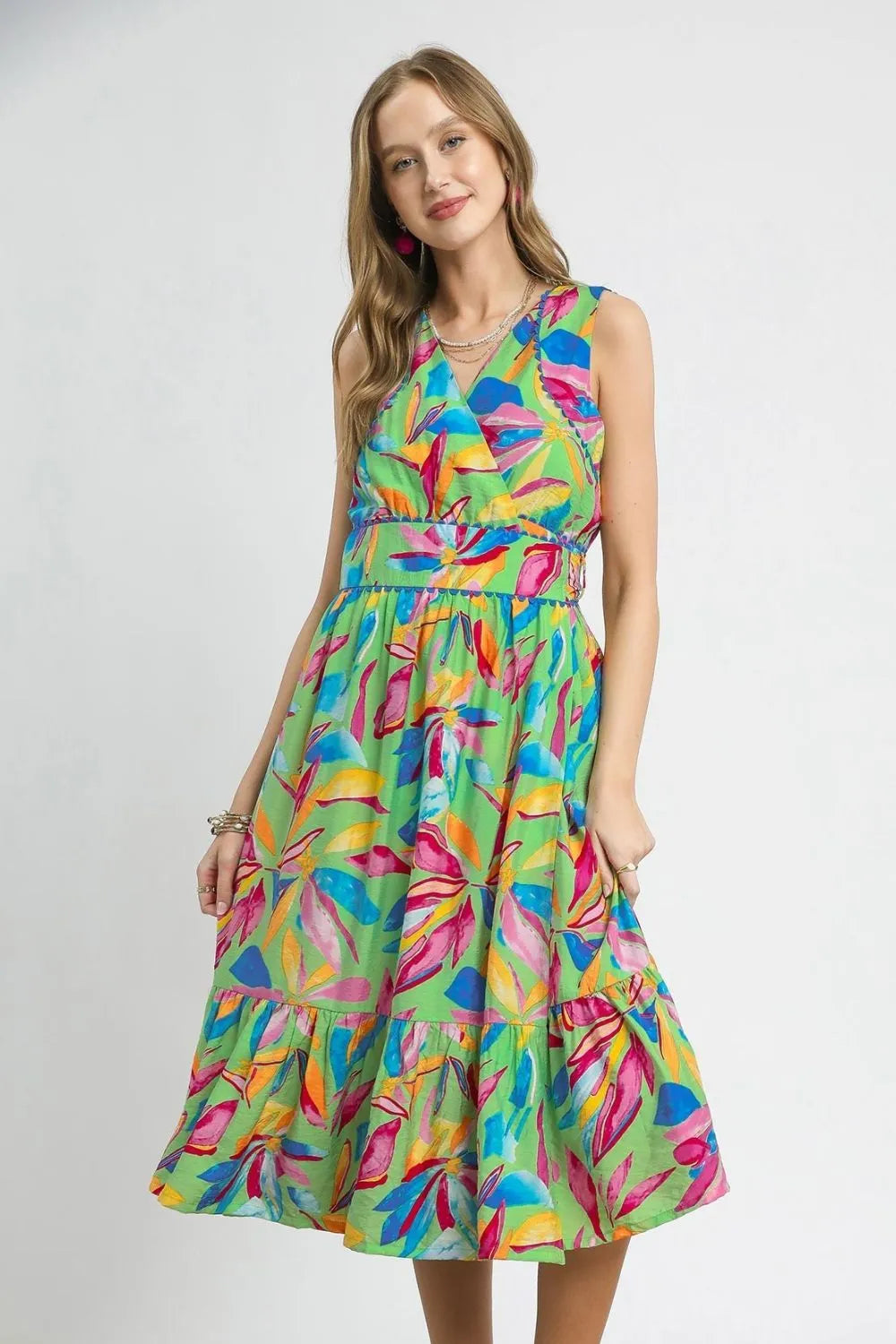 Umgee Tropical Paradise Ruffled Hem Printed Sleeveless Midi Dress - NeoKira Unlimited