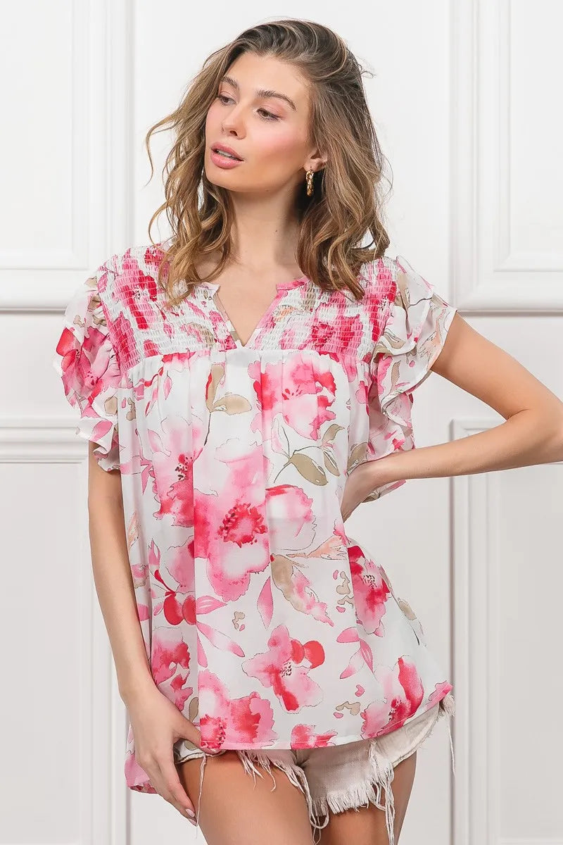 BiBi Floral Print Flutter Sheer Top Lightweight Boho Chic Blouse - NeoKira Unlimited