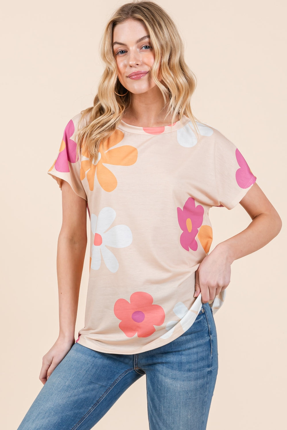 BOMBOM Floral Short Sleeve T-Shirt T-Shirt Trendsi   