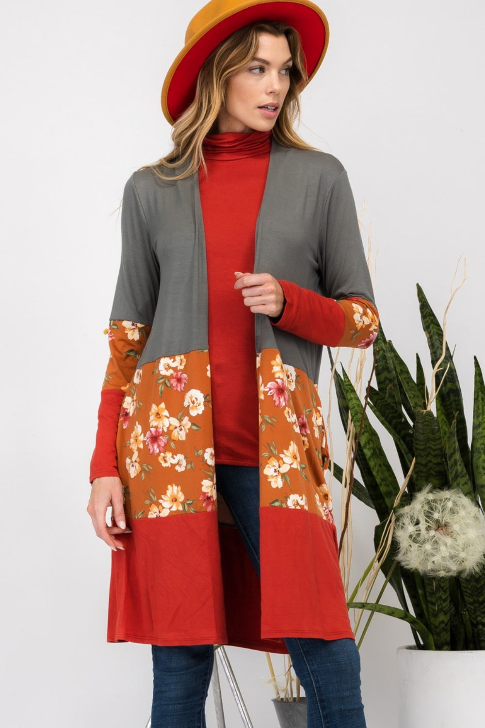 Celeste Full Size Floral Color Block Open Front Cardigan Cardigan Trendsi   