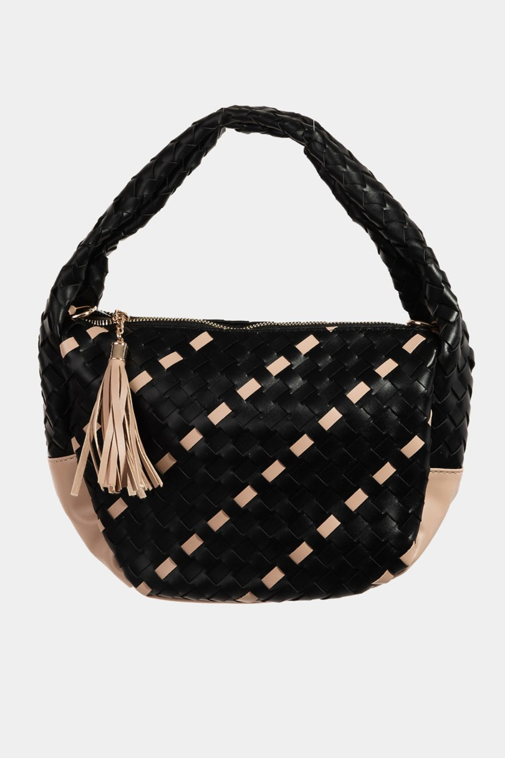 Fame Tassel Detail Weave Semi Circle Bag Handbag Trendsi Black One Size 