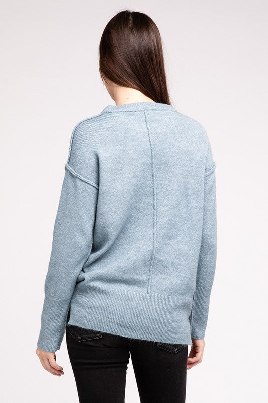 ZENANA Melange Hi-Low Hem Round Neck Sweater - NeoKira Unlimited