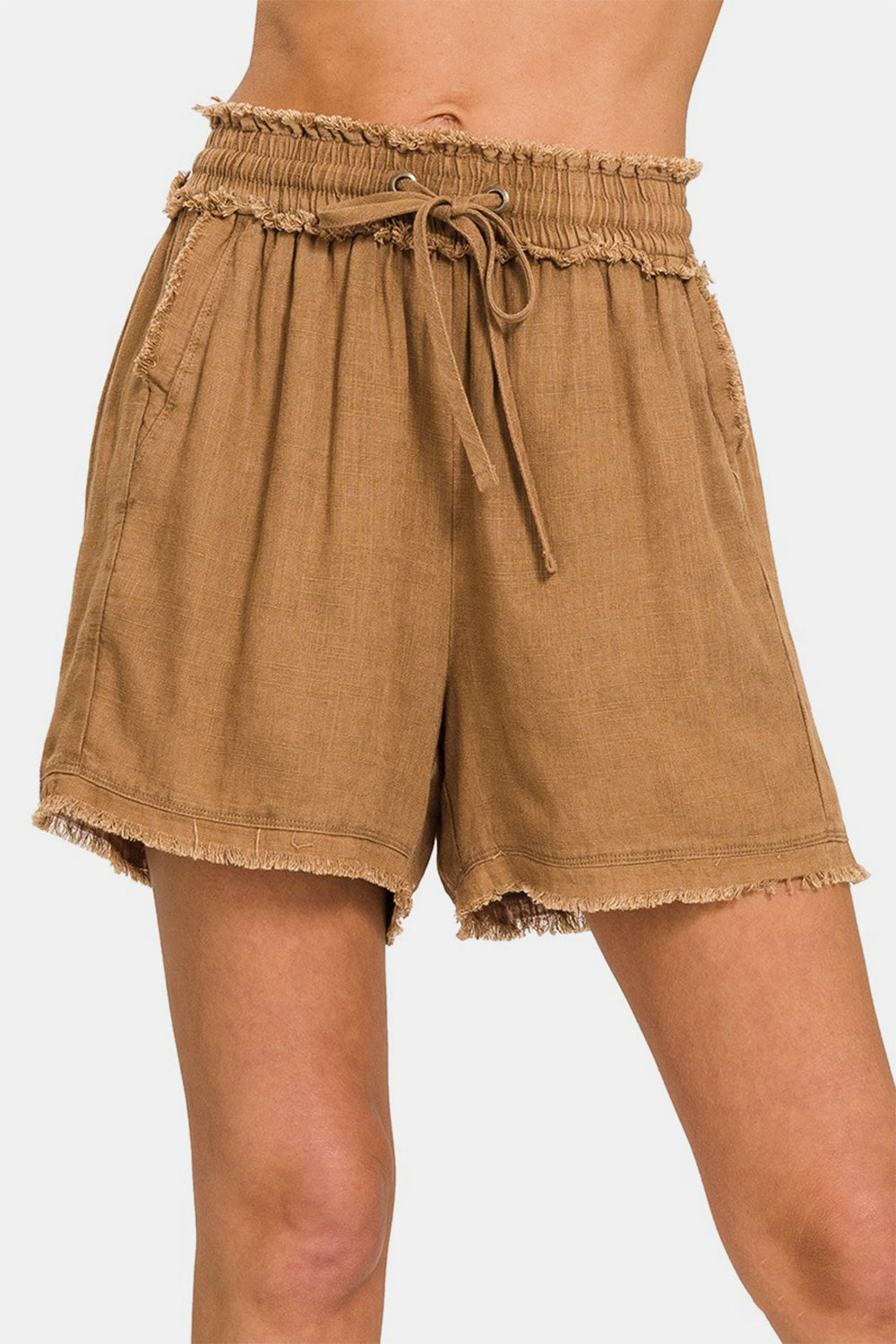 Zenana Washed Linen Frayed Hem Drawstring Shorts Drawstring Shorts Trendsi Deep Camel S 