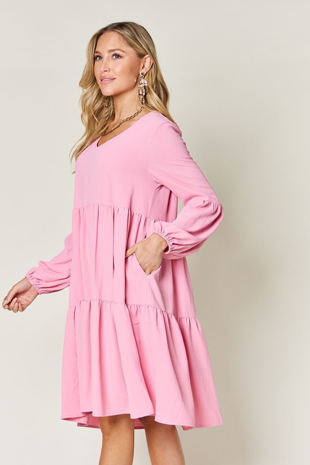 Double Take Full Size V-Neck Balloon Sleeve Tiered Dress Mini Dress Trendsi   