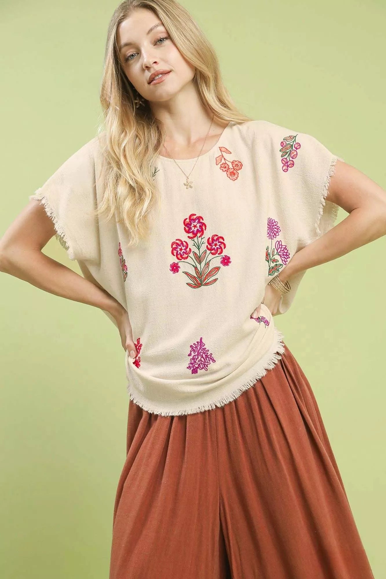 Umgee Linen Blend Embroidered Frayed Hem Top Boho Chic - NeoKira Unlimited