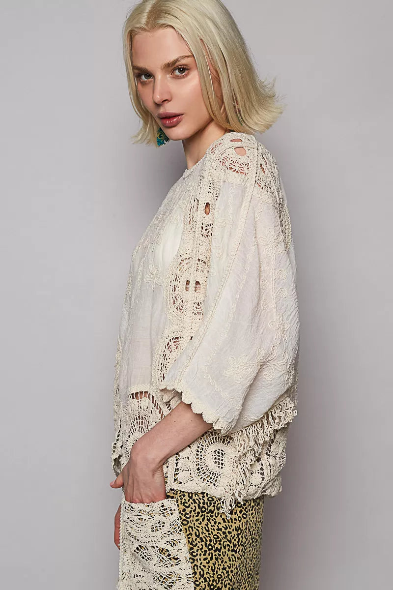 POL Round Neck Crochet Top with Floral Embroidery Detail Boho Chic - NeoKira Unlimited