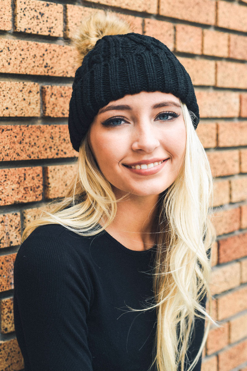 Cable Knit Beanie with Faux Fur Pom Beanies Leto Collection Black  