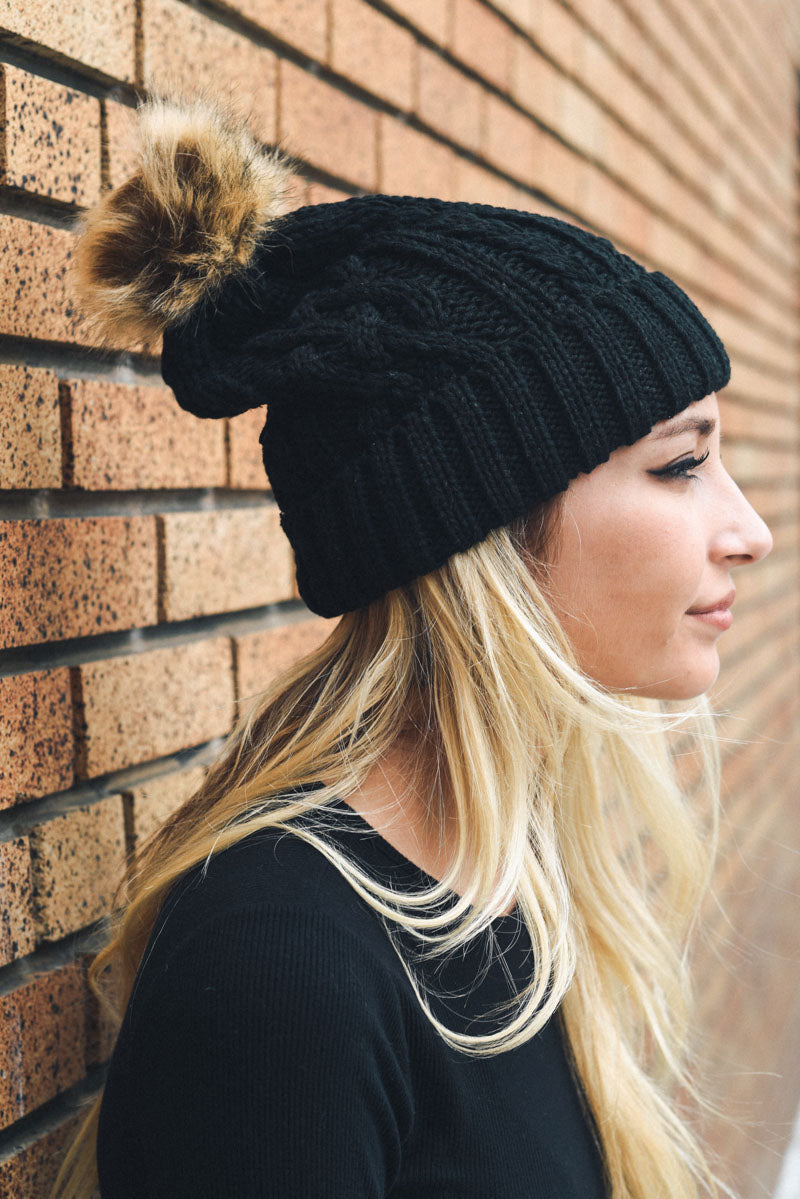 Cable Knit Beanie with Faux Fur Pom - NeoKira Unlimited