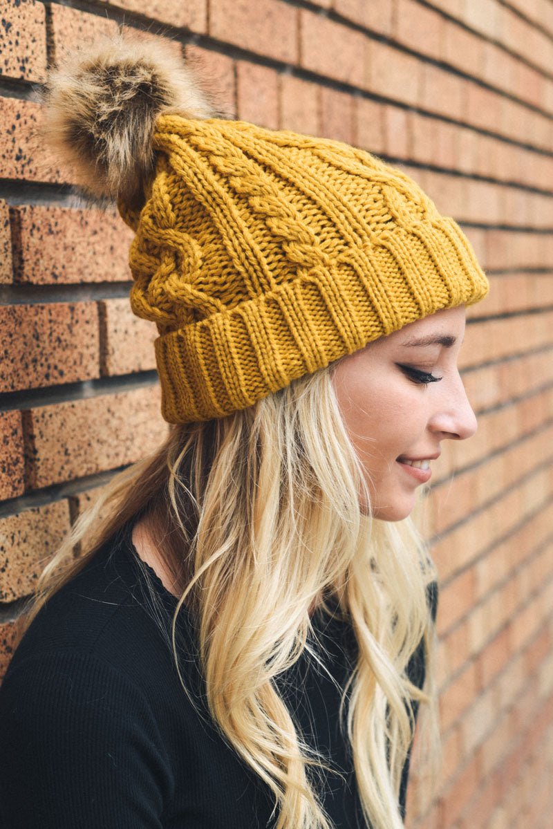 Cable Knit Beanie with Faux Fur Pom - NeoKira Unlimited