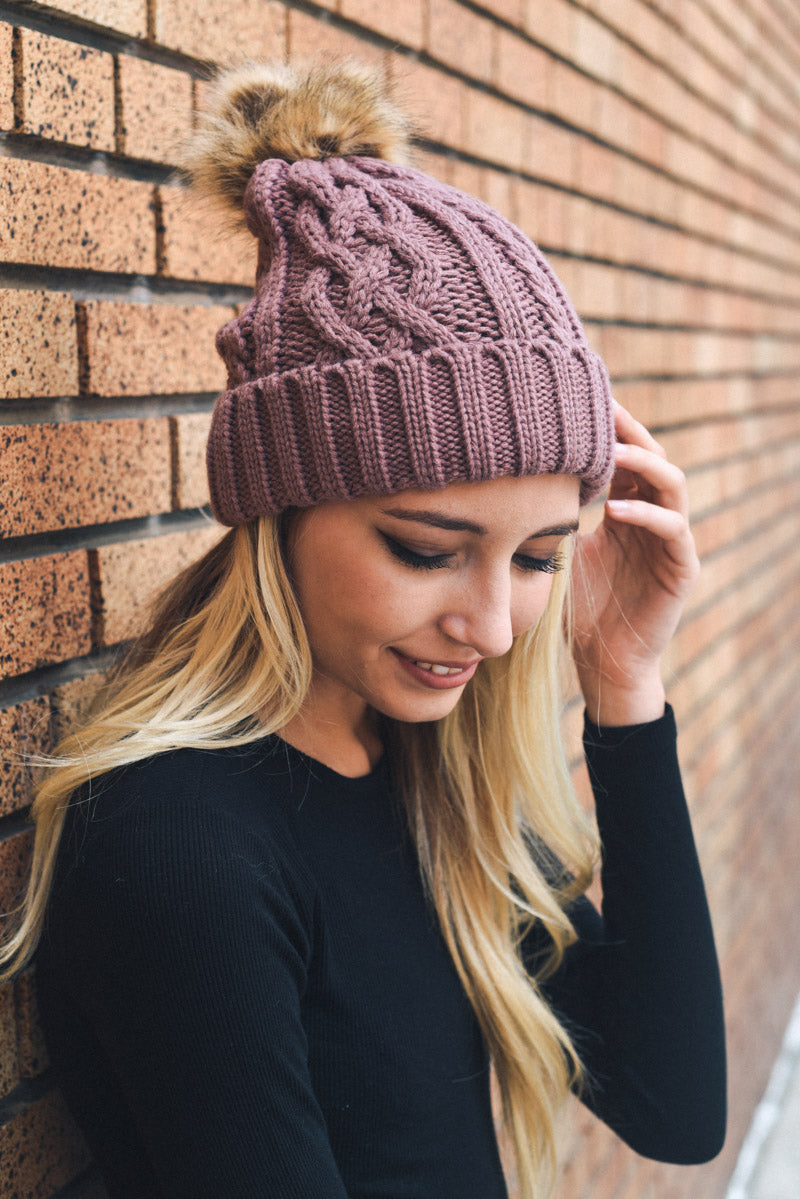 Cable Knit Beanie with Faux Fur Pom - NeoKira Unlimited