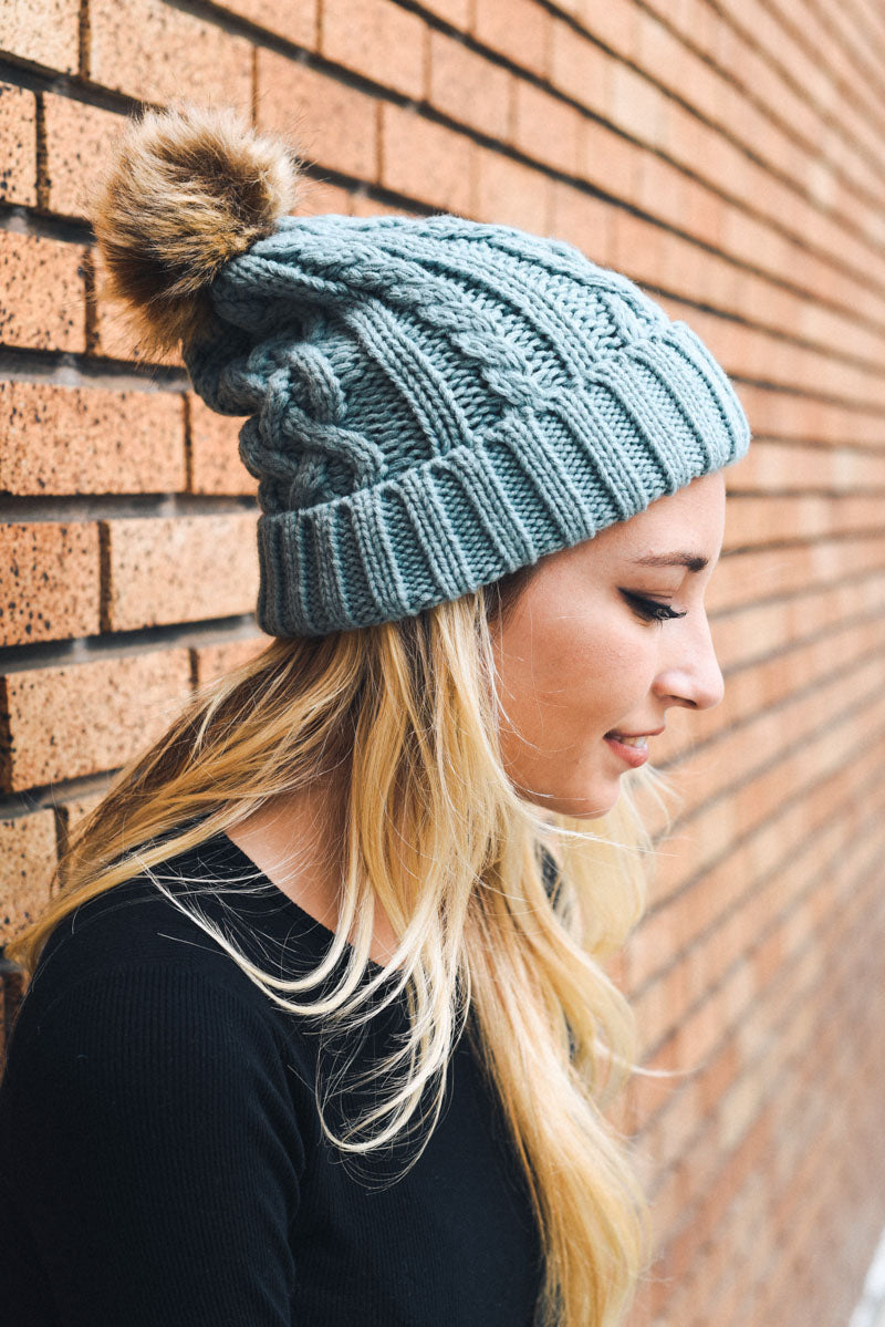 Cable Knit Beanie with Faux Fur Pom - NeoKira Unlimited